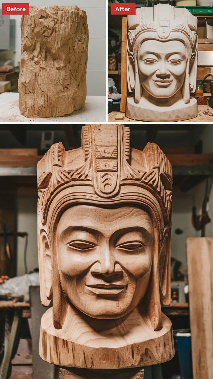 Before and after of a carved face