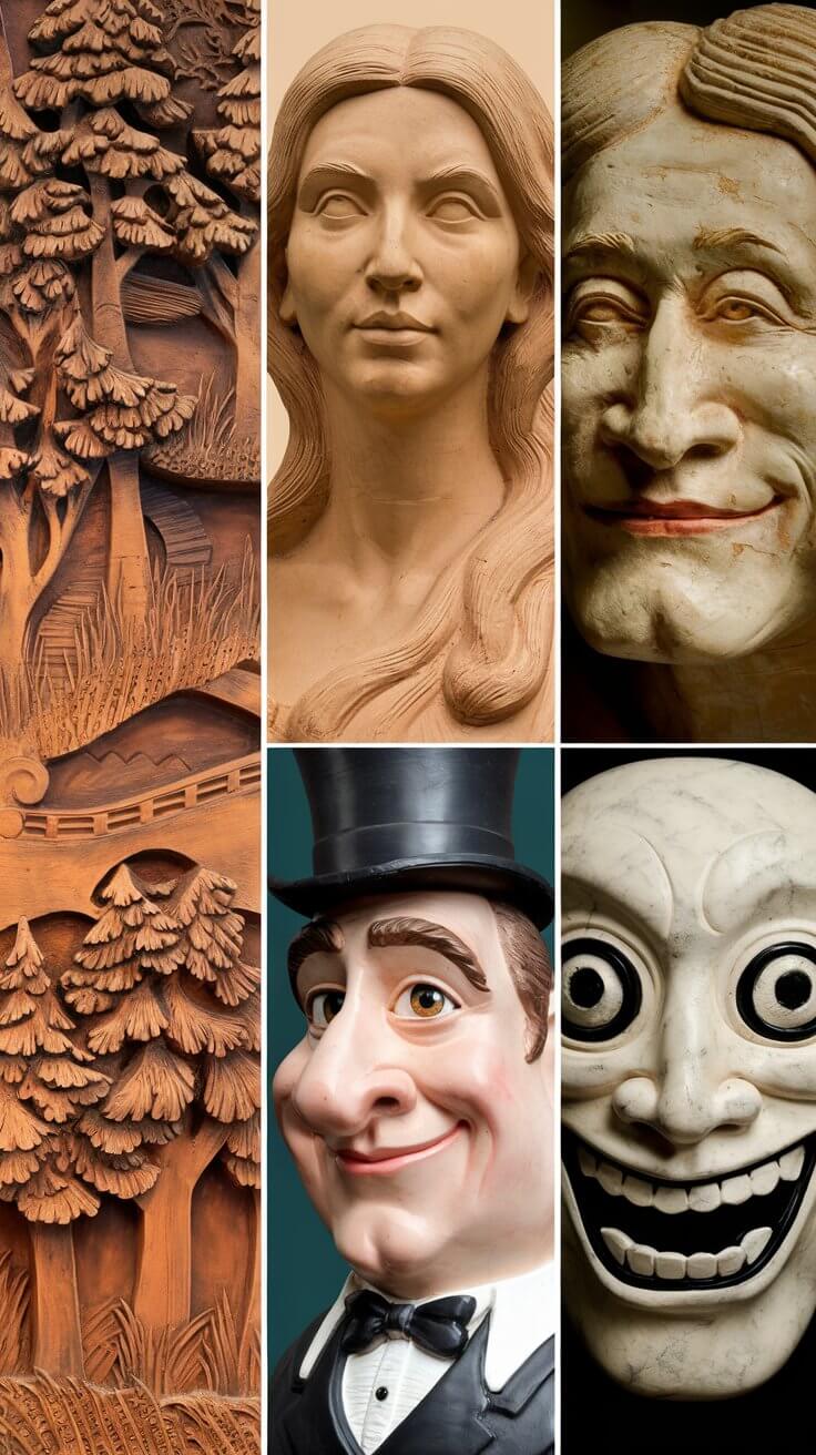 Comparison grid showing different carving styles (relief carving, 3D bust, caricature, spirit face)