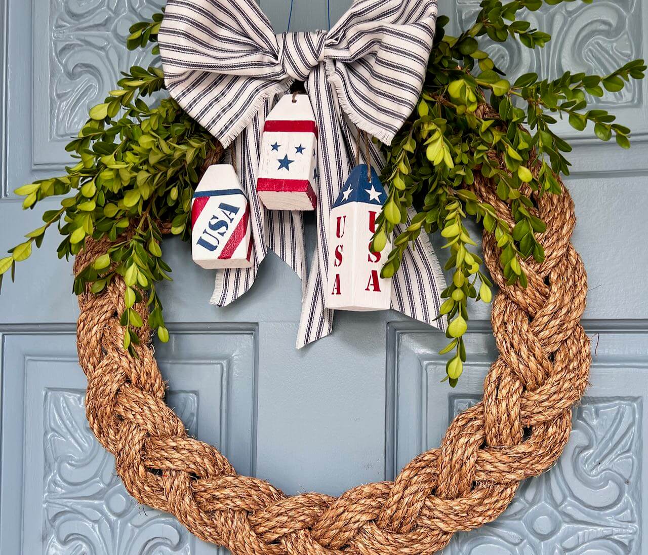Nautical 4th of July Braided Rope Wreath With Wooden Buoys