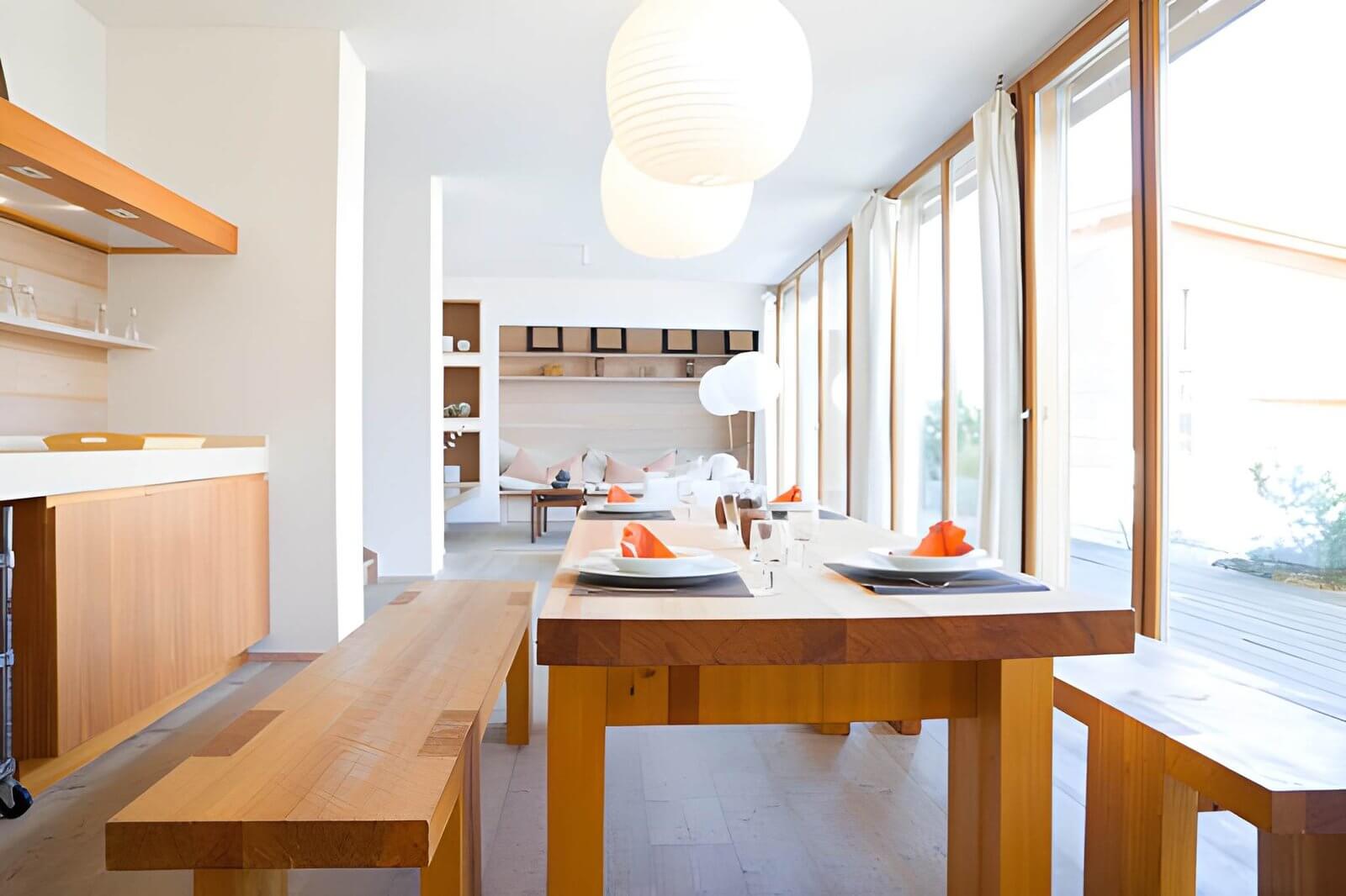 open wood shelving.