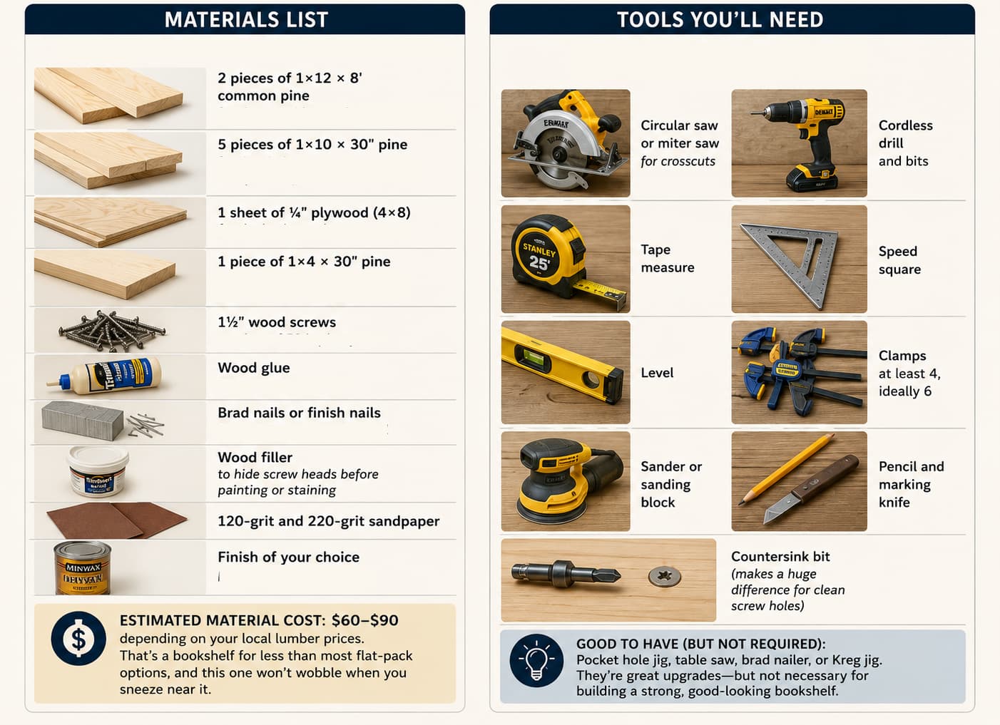 material and tool list for a bookshelf