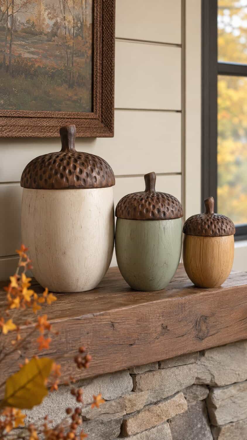Chunky wooden acorn decorations for a mantel