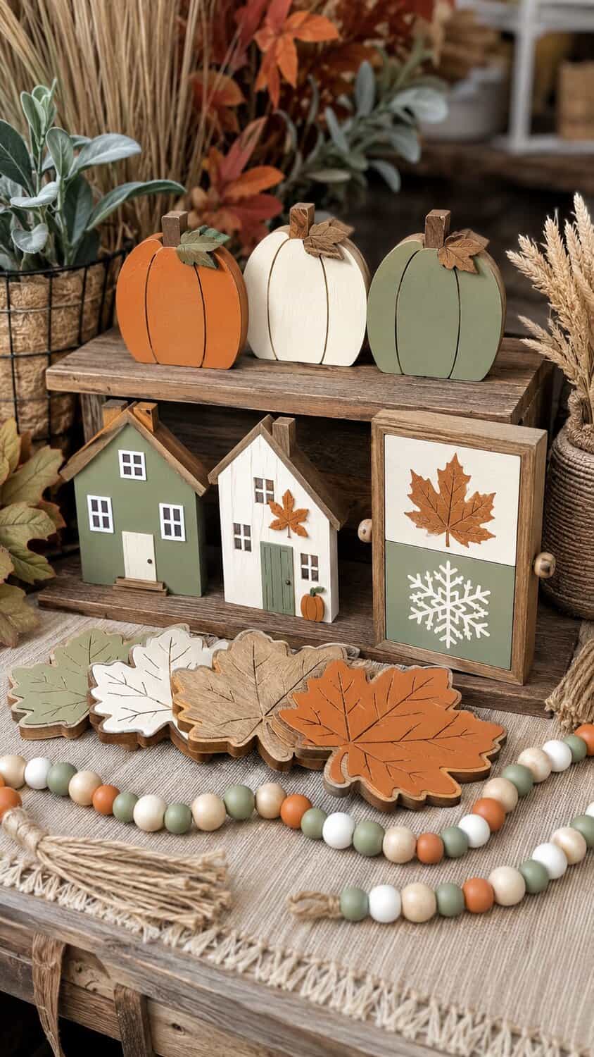 Coordinated collection of small fall wood crafts