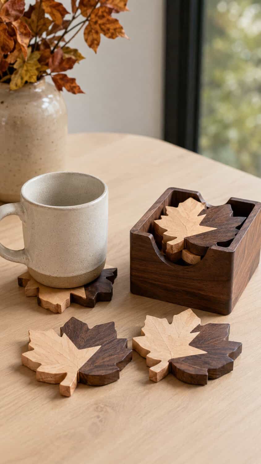 Wooden fall leaf coasters in contrasting wood tones