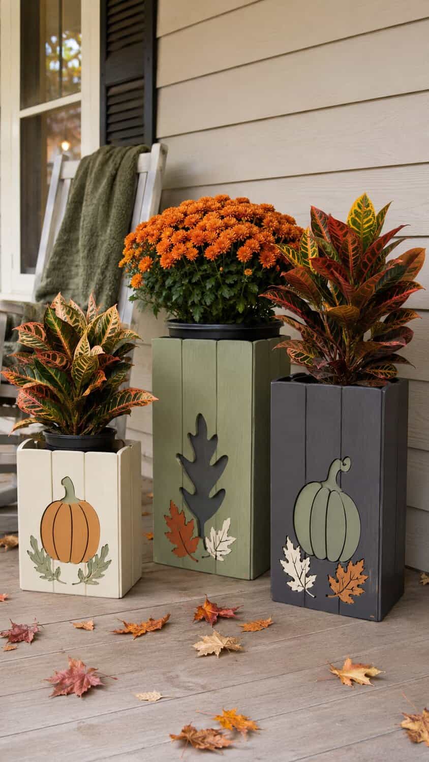 Wooden fall planter sleeves decorated with pumpkins and leaves