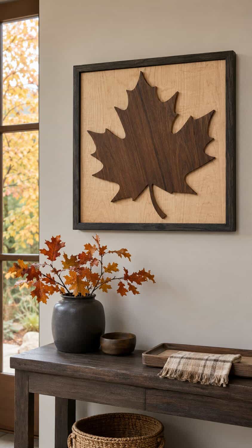 Framed wooden maple-leaf silhouette wall art