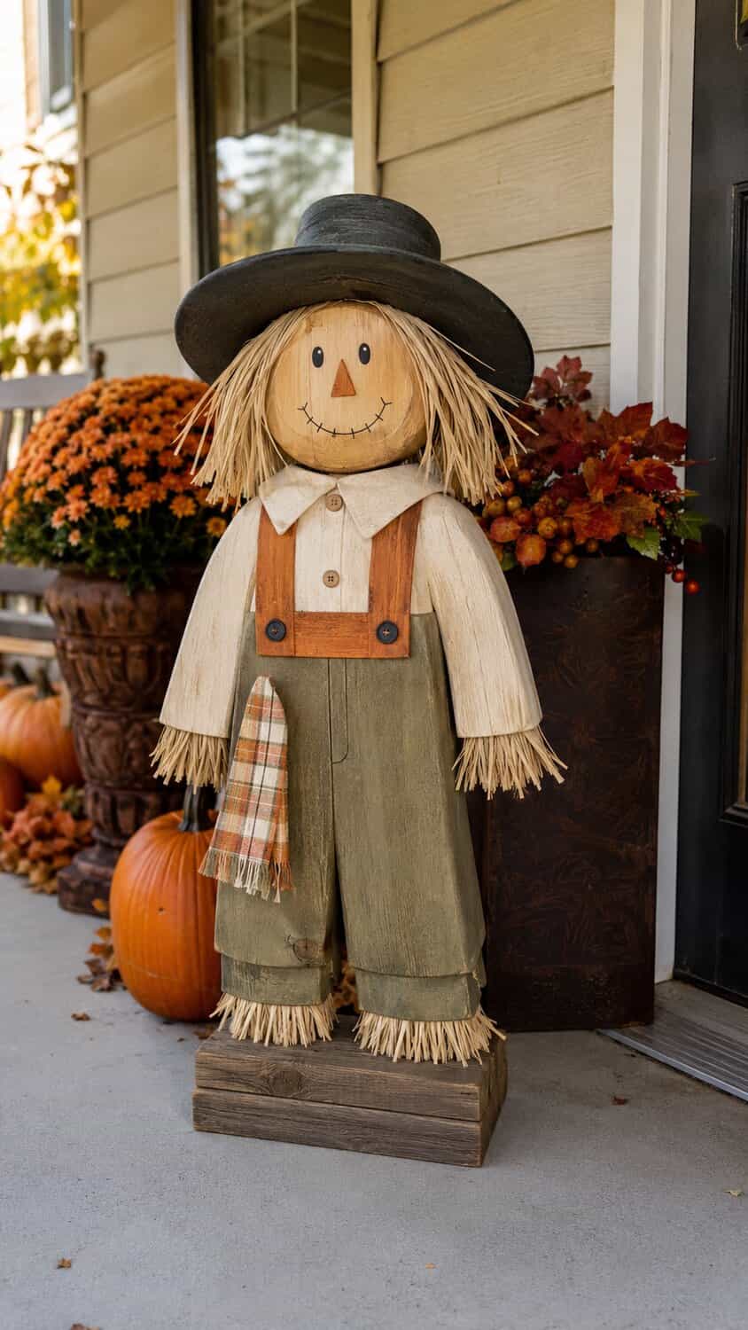 Friendly wooden scarecrow decoration for a covered porch
