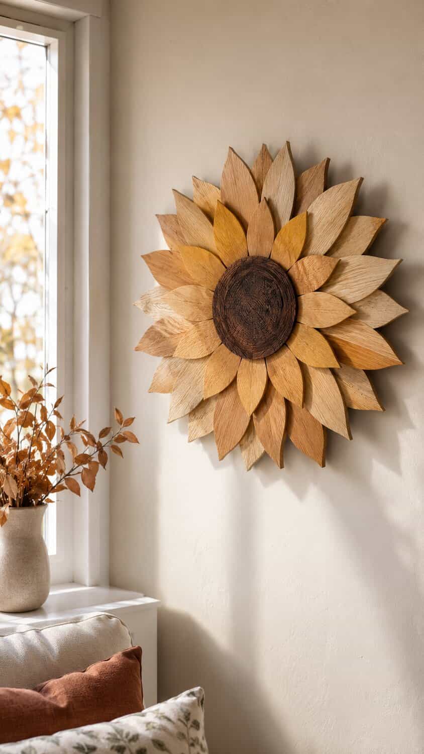 Layered wooden sunflower wall art