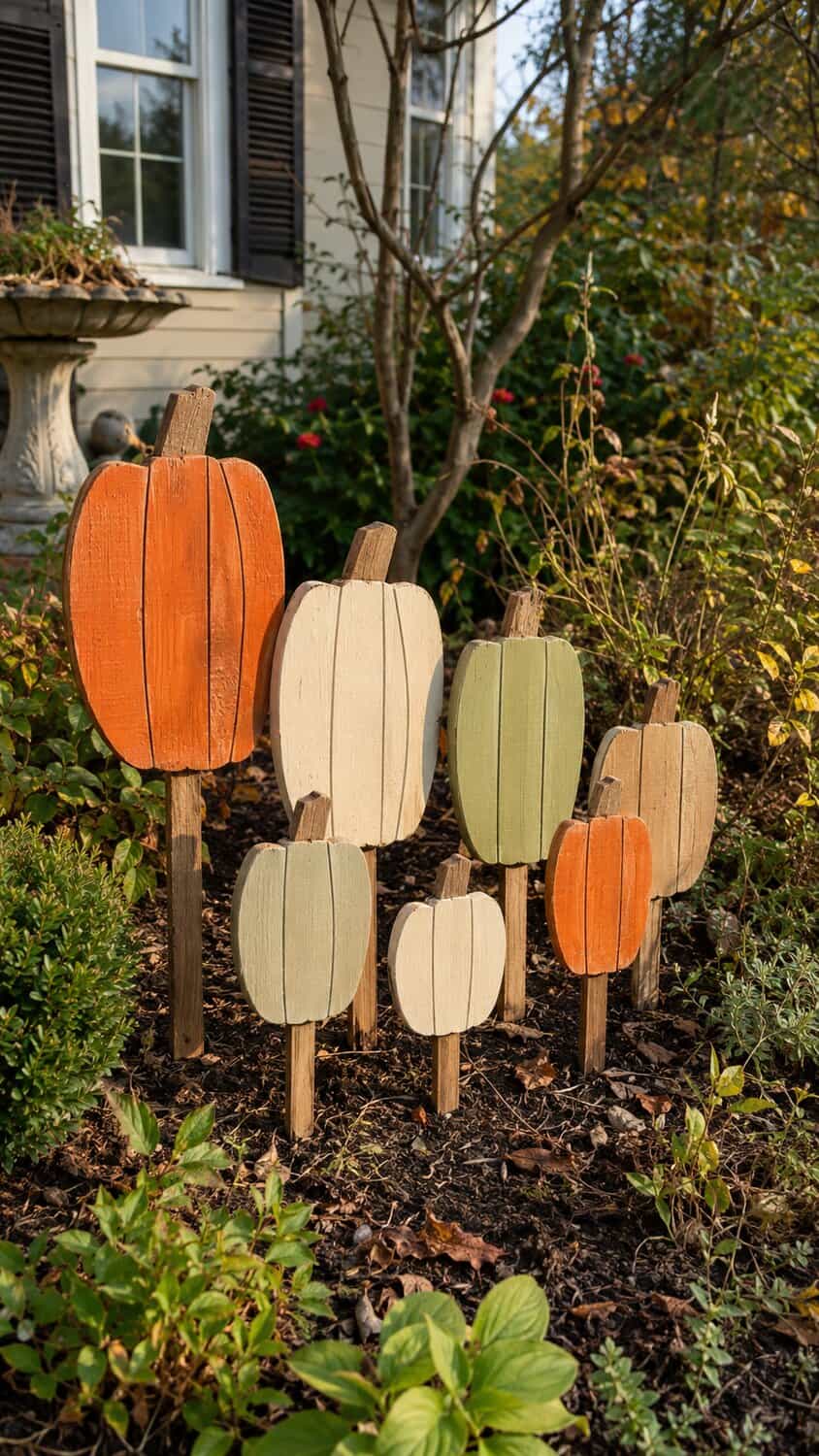 Wooden pumpkin garden decorations in several fall colors