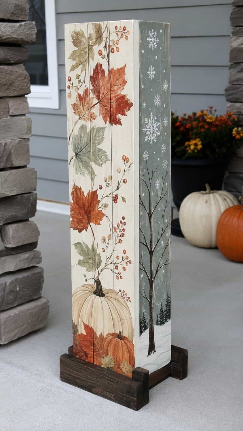 Reversible wooden porch sign with fall and winter designs