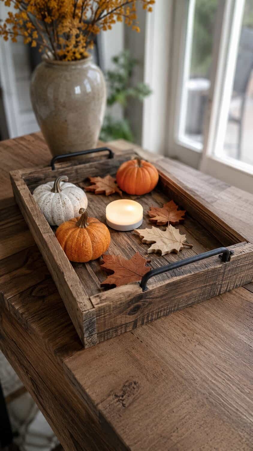 Rustic wooden harvest tray with pumpkins and an LED light