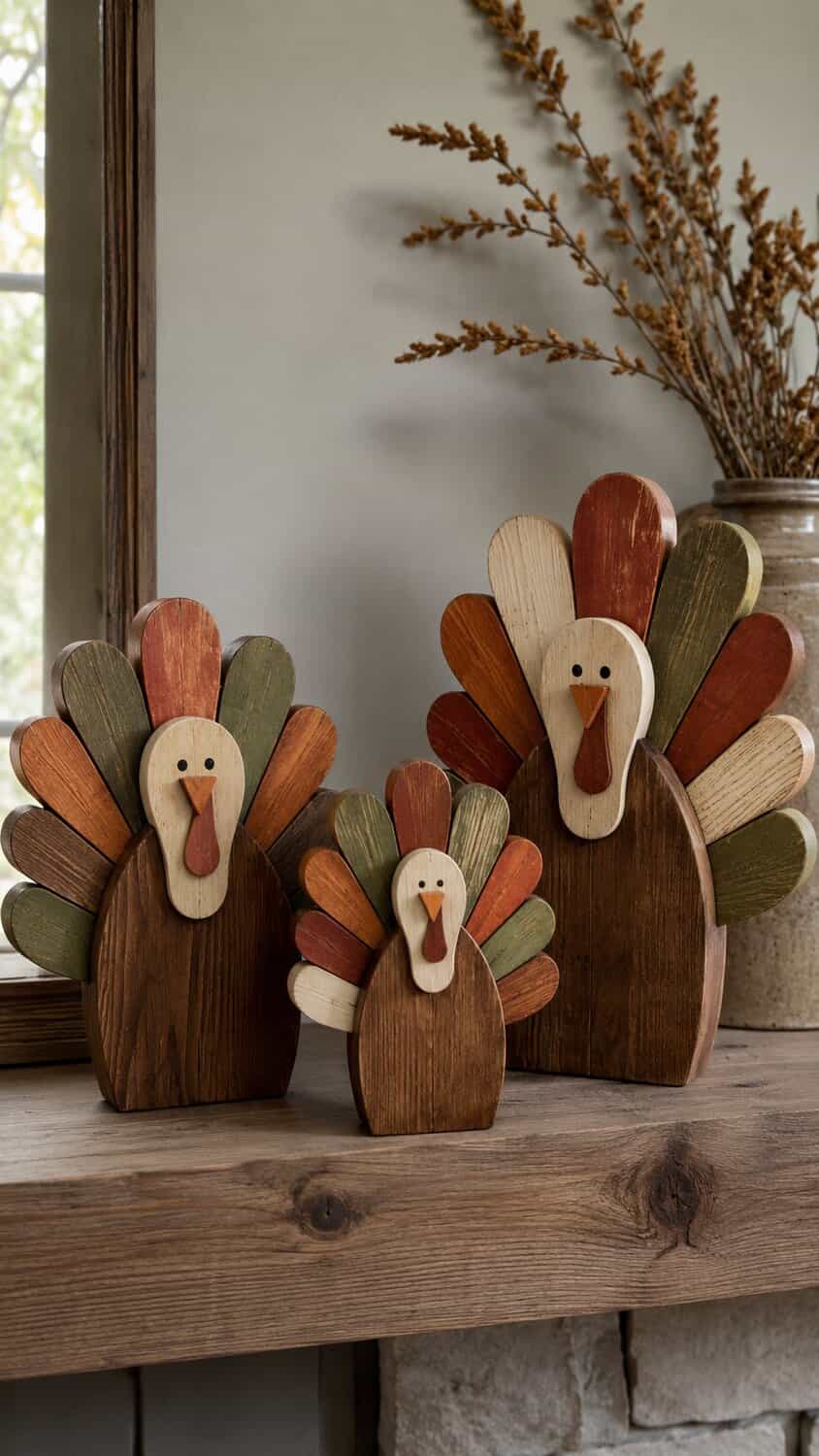 Family-friendly wooden Thanksgiving turkey decorations