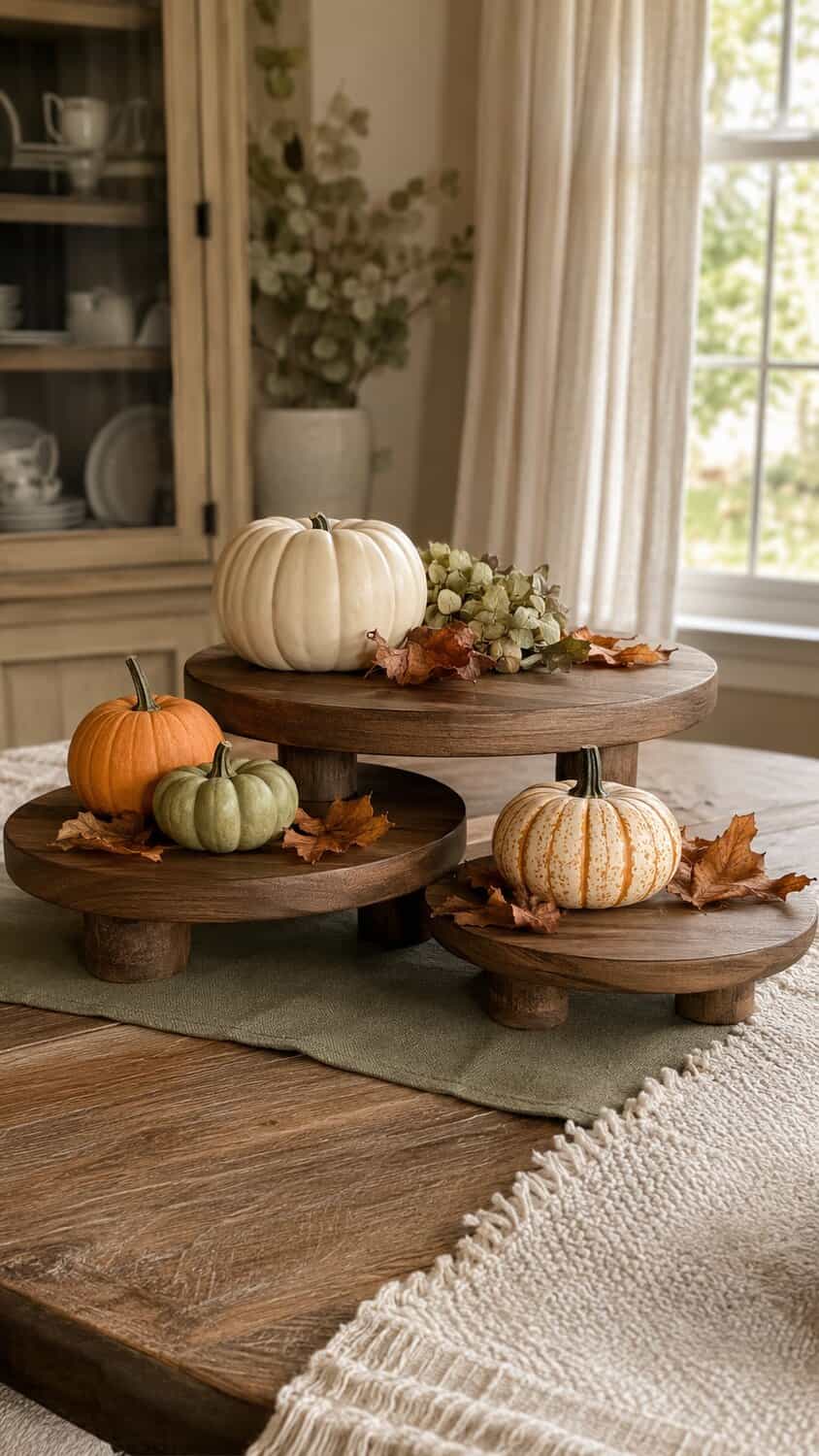Tiered wooden centerpiece risers with small pumpkins