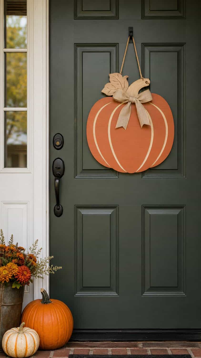 Wooden pumpkin door hanger on a green front door