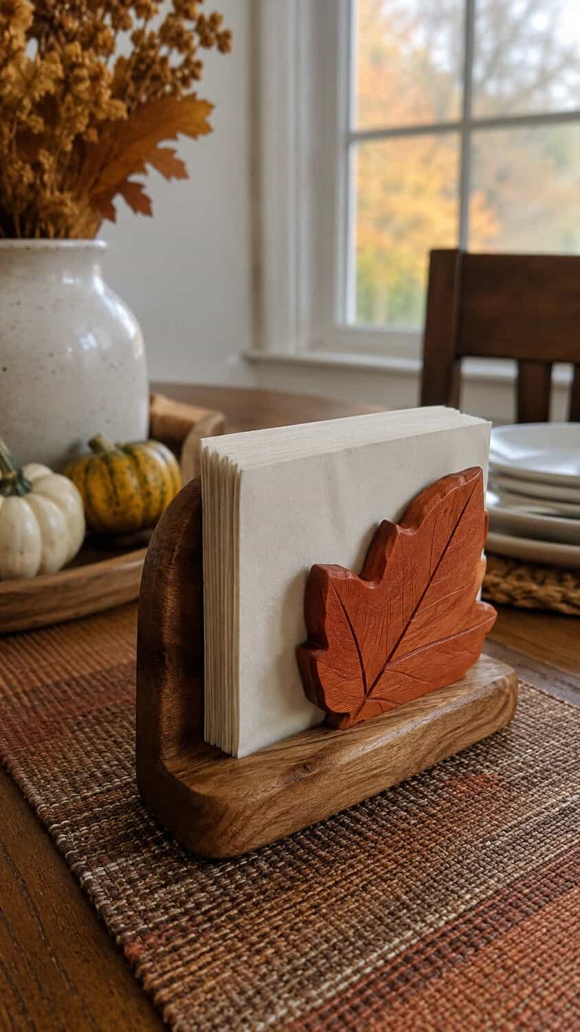 Wooden napkin holder with a raised fall leaf accent