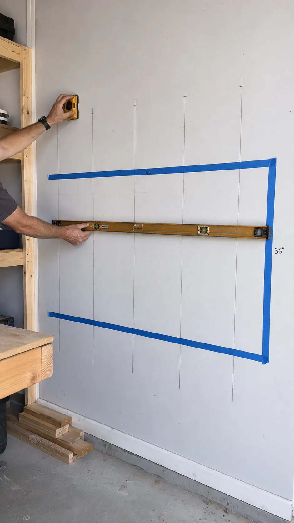 Stud finder and level marking four wall studs for a folding workbench