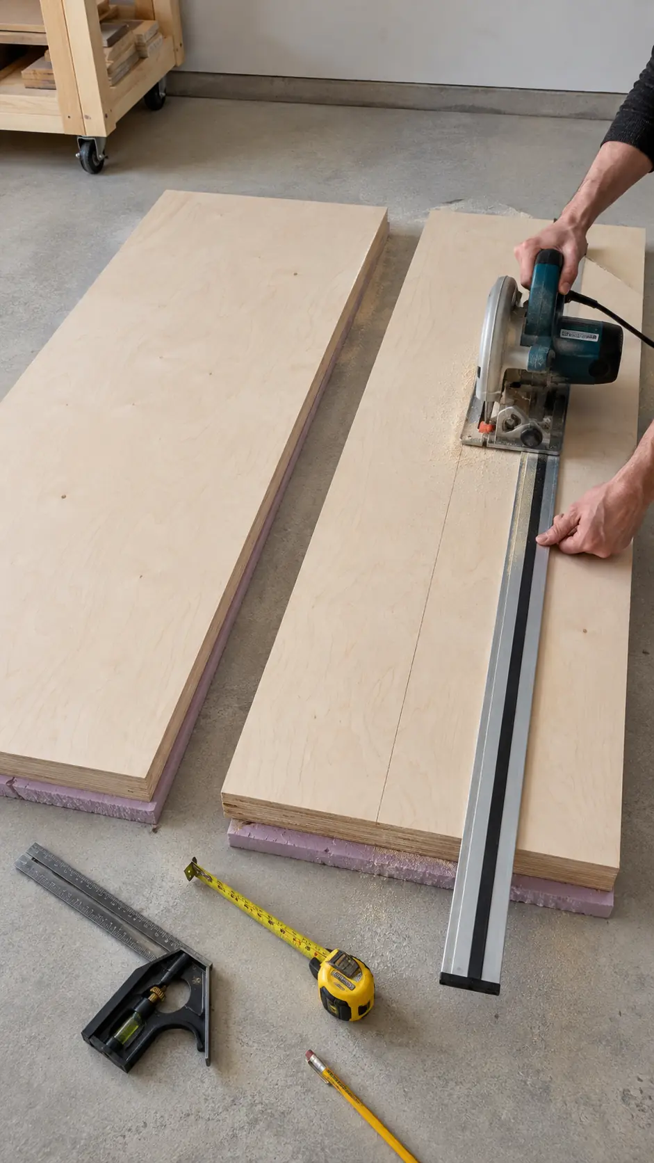 Two accurately cut plywood panels for a folding workbench top