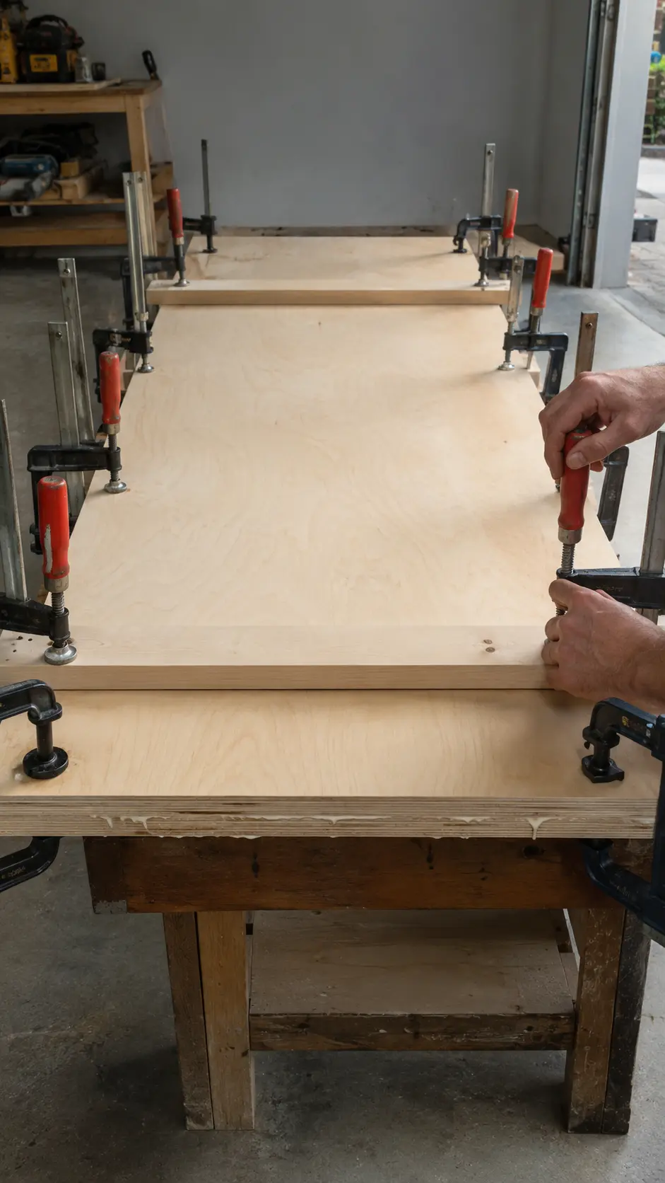 Two plywood panels being glued and clamped into a thick workbench top