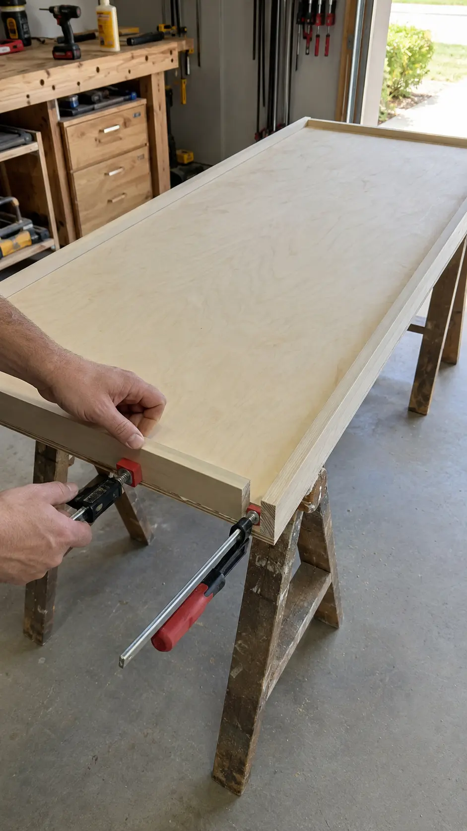 Solid wood edging clamped around a laminated plywood workbench top