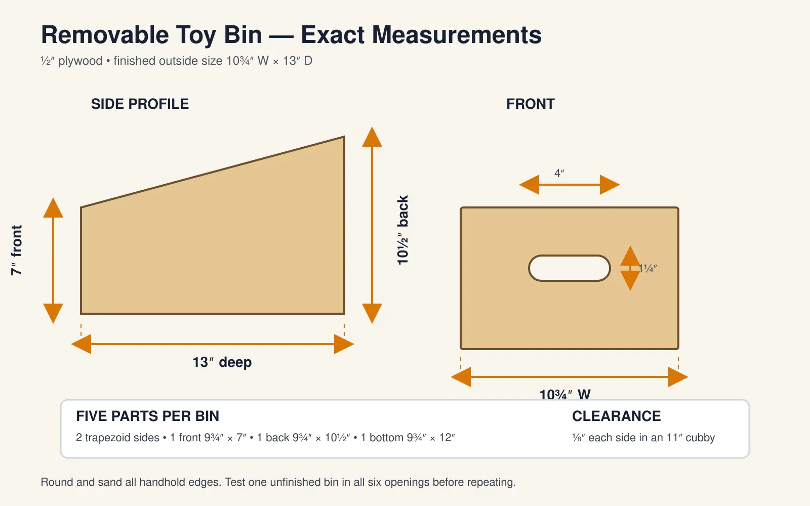 Measured diagram of removable toy bin showing 10 and three quarter inch width, 13 inch depth, 7 inch front and 10 and one half inch back