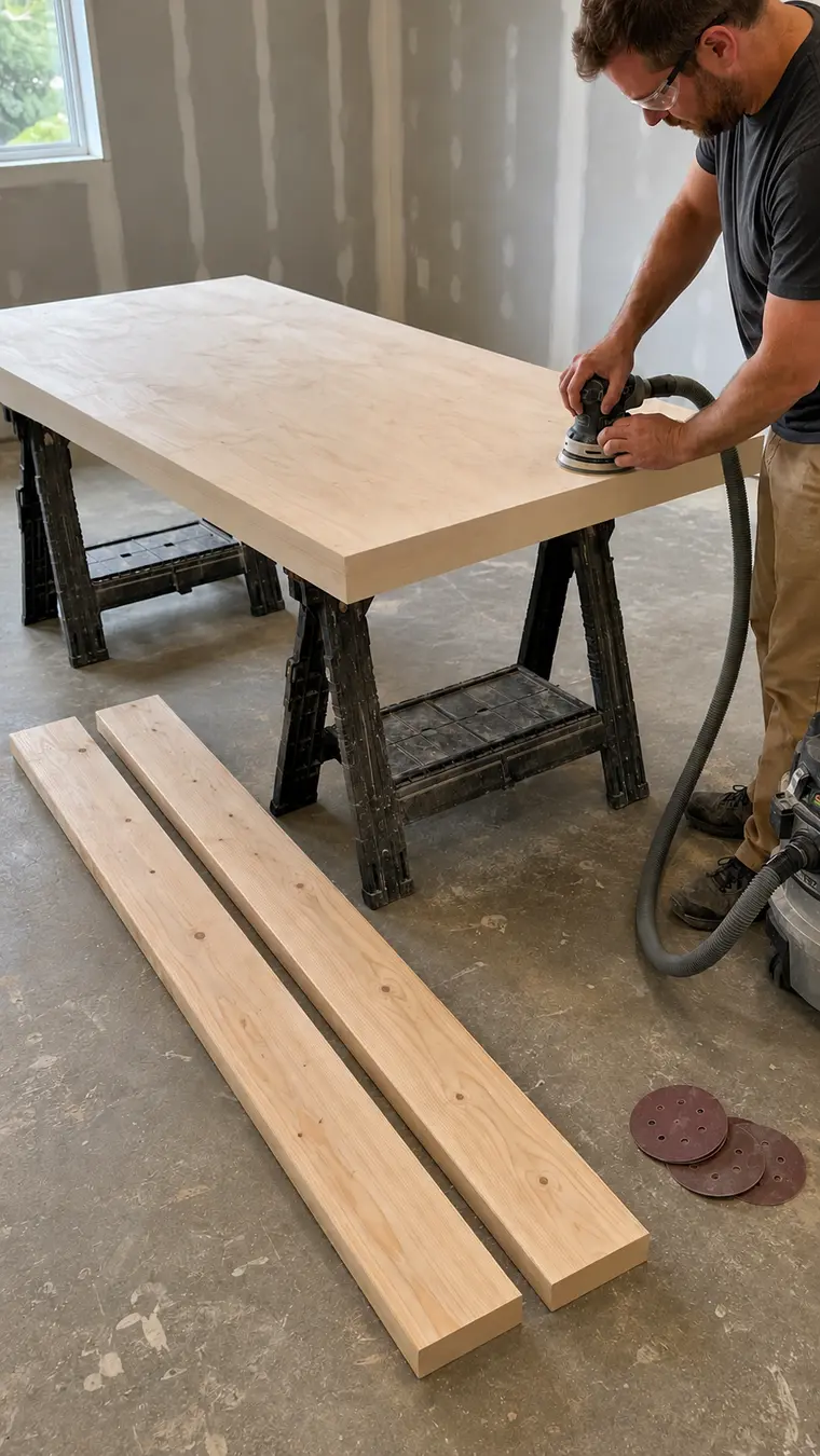 Woodworker sanding a laminated plywood workbench top and two ledgers