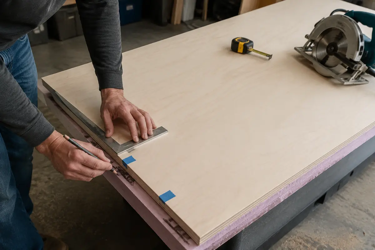 Woodworker inspecting cabinet-grade plywood and marking the best faces for a toy organizer