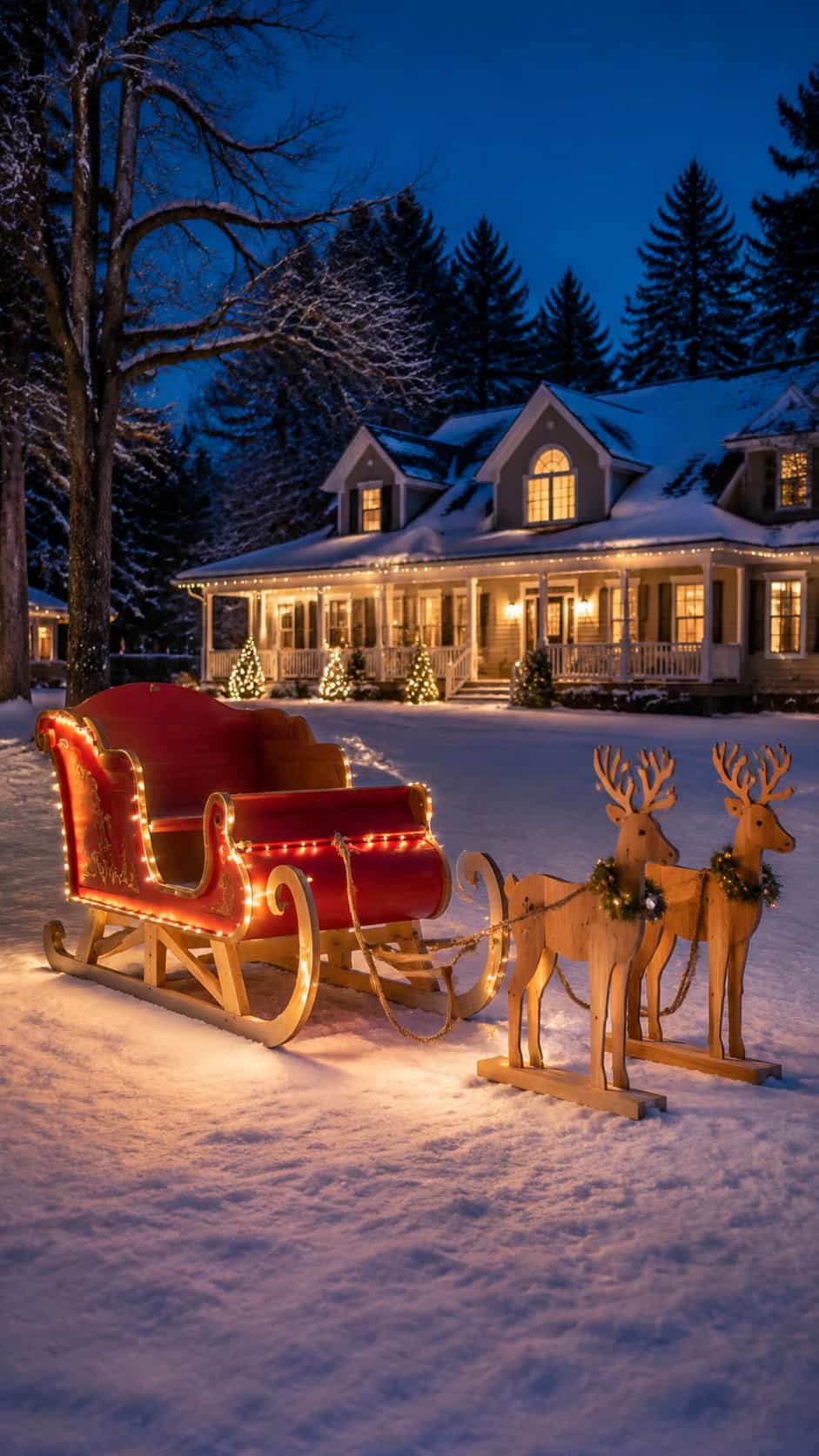 Santa Sleigh and Wooden Reindeer