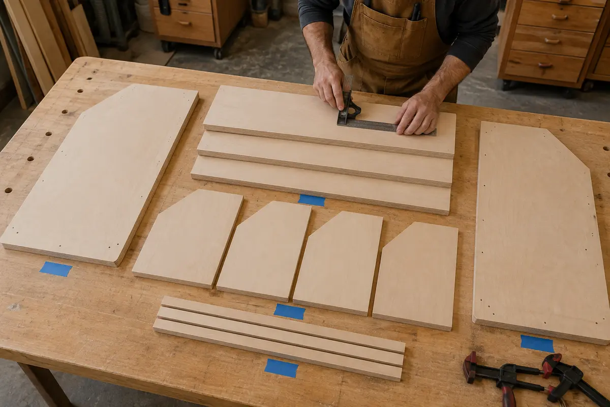 Cut and labeled plywood panels for a six-cubby DIY toy storage organizer