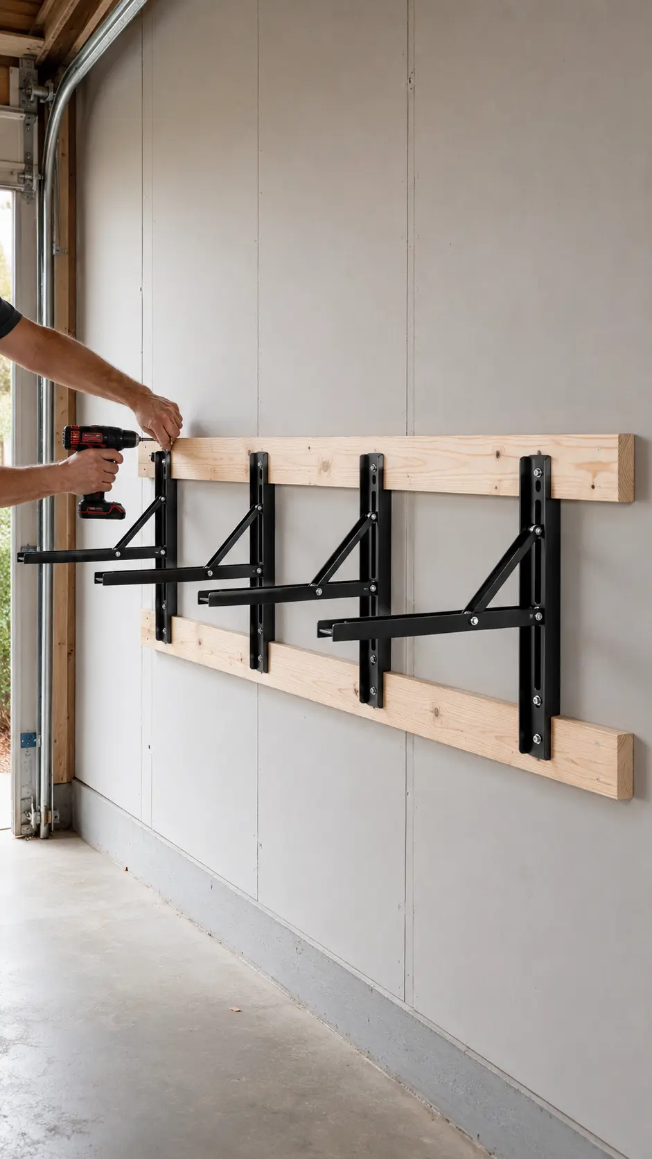 Four locking steel folding brackets aligned over two wooden ledgers and wall studs
