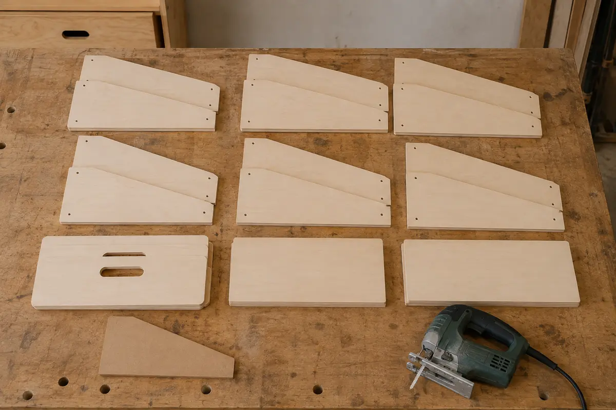 Repeated half-inch plywood parts laid out for six removable wooden toy bins