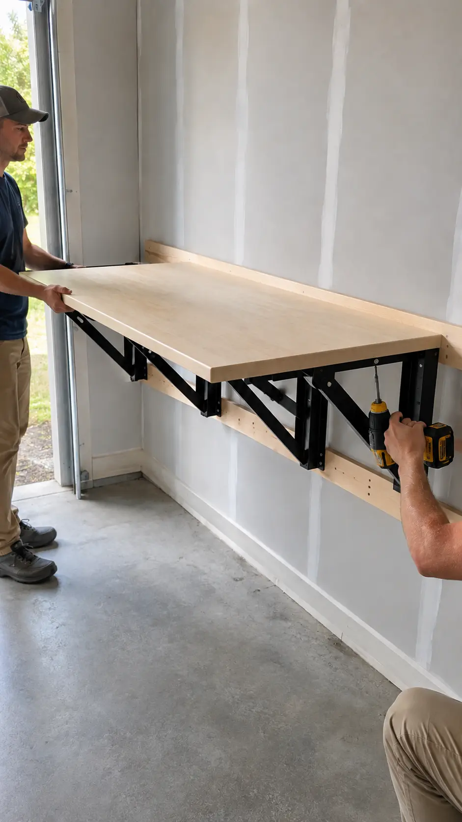 Finished plywood workbench top clamped to four open folding brackets