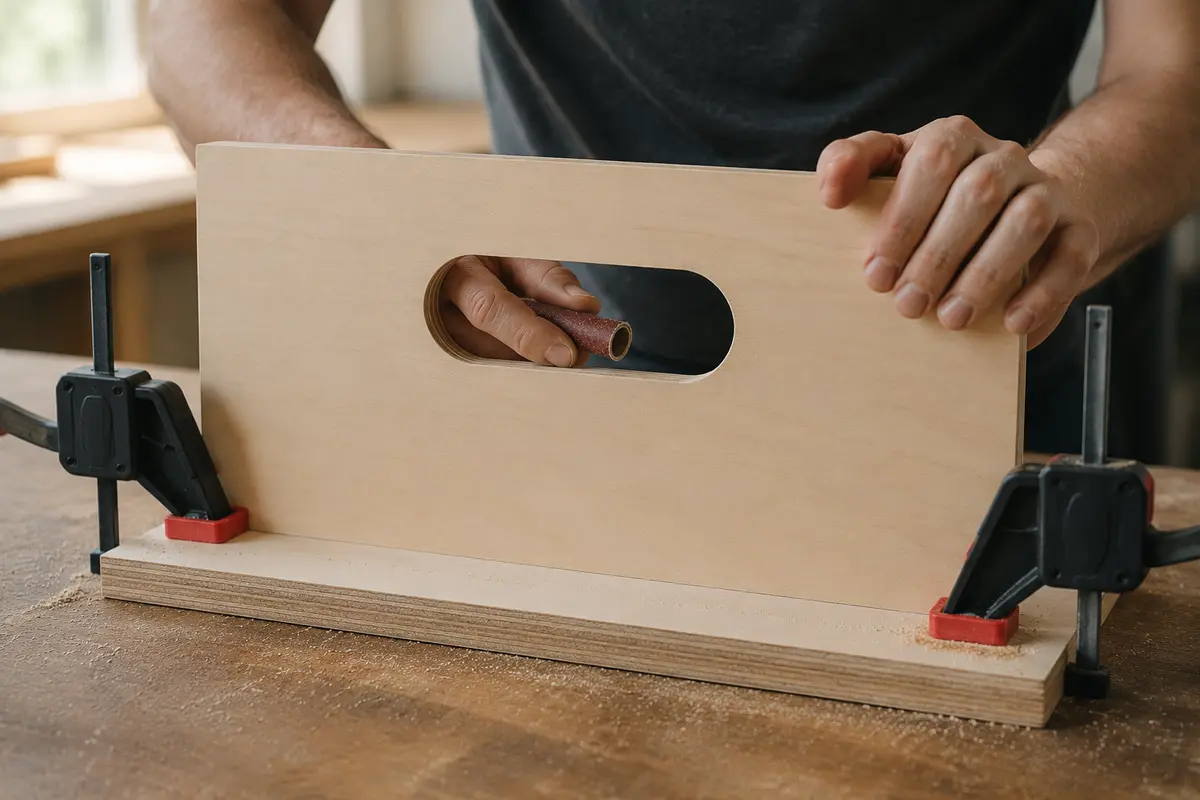 Rounded handhold being cut and sanded in the front panel of a plywood toy bin
