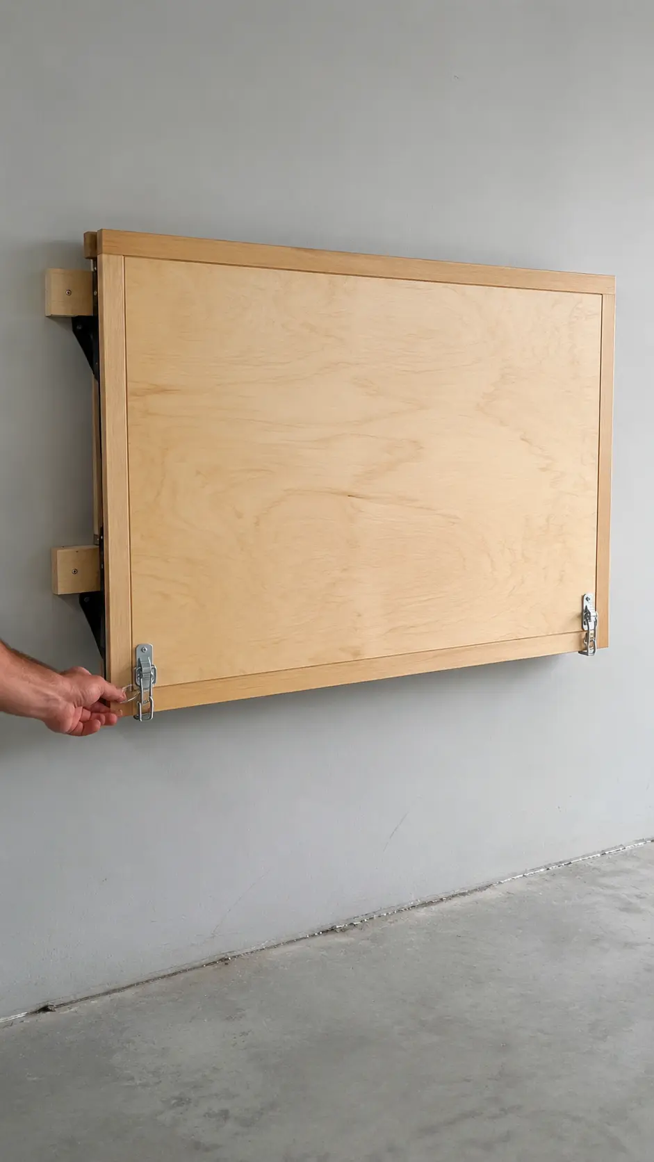 Two positive safety latches securing a folded workbench top against the wall