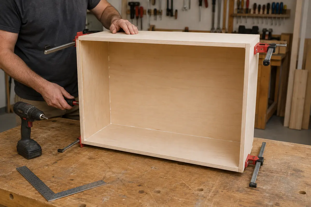Birch plywood toy organizer cabinet shell being clamped square during assembly