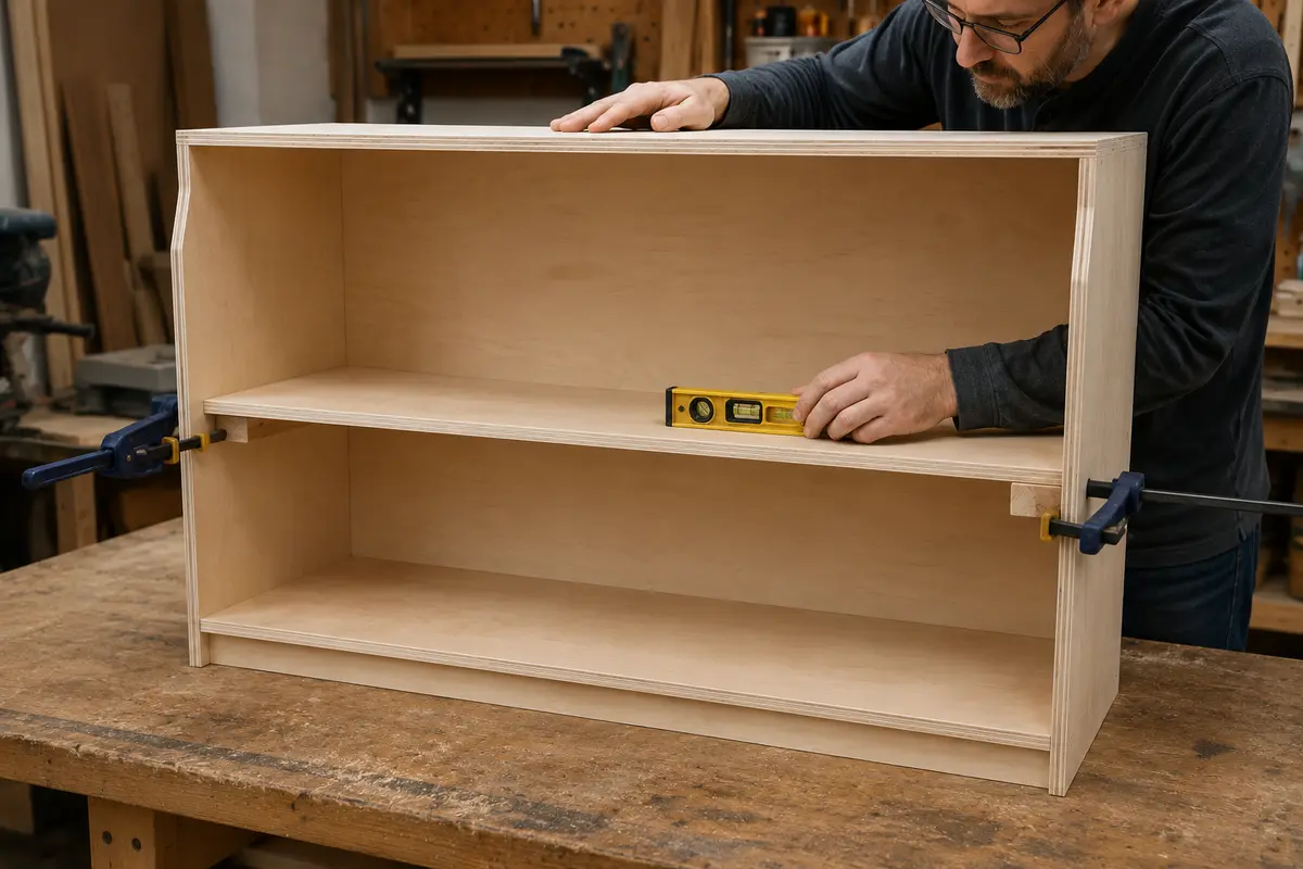 Middle shelf positioned with twelve inch spacer blocks inside a toy storage organizer