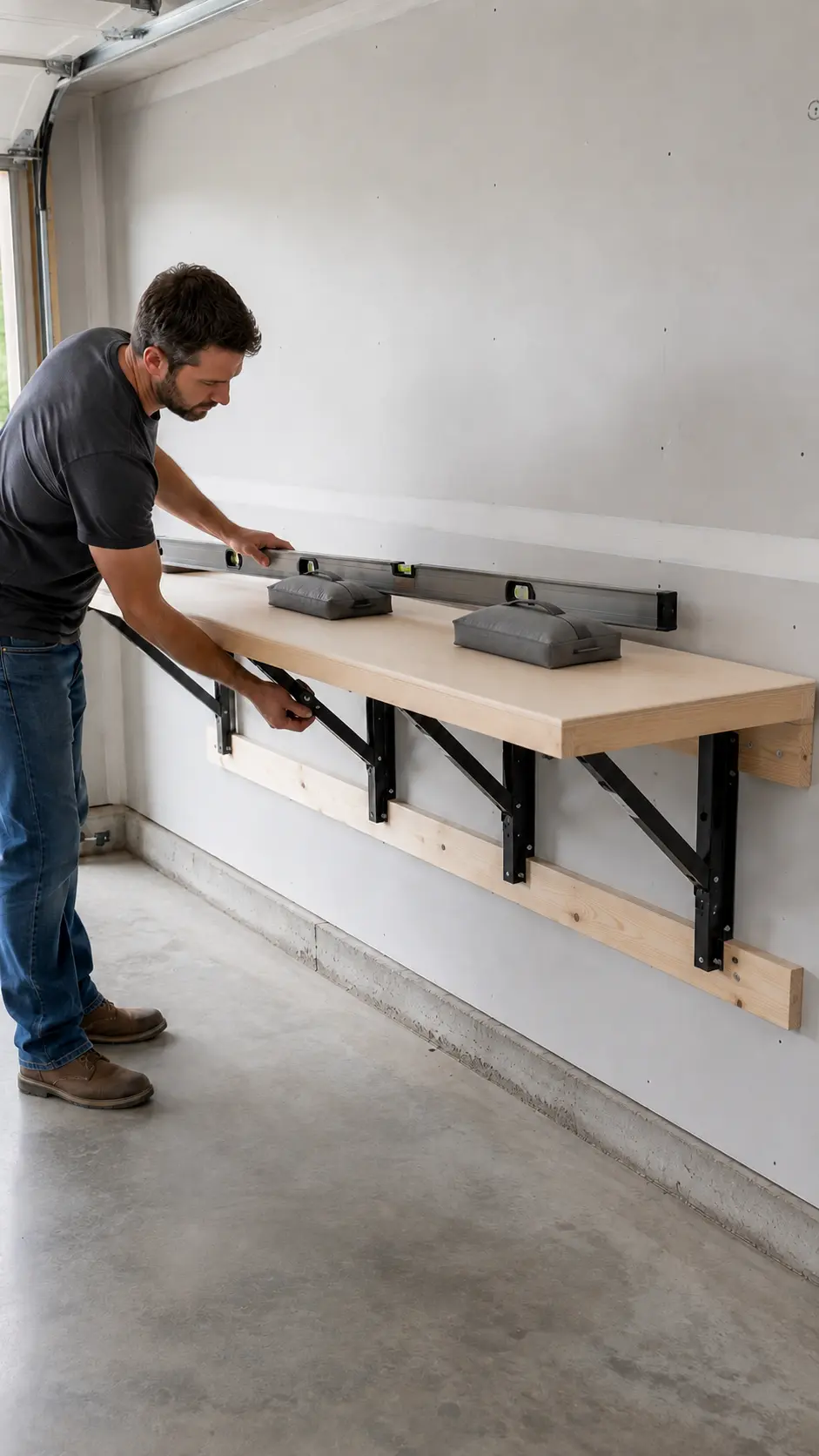 Completed folding wall-mounted workbench open and being checked with a level