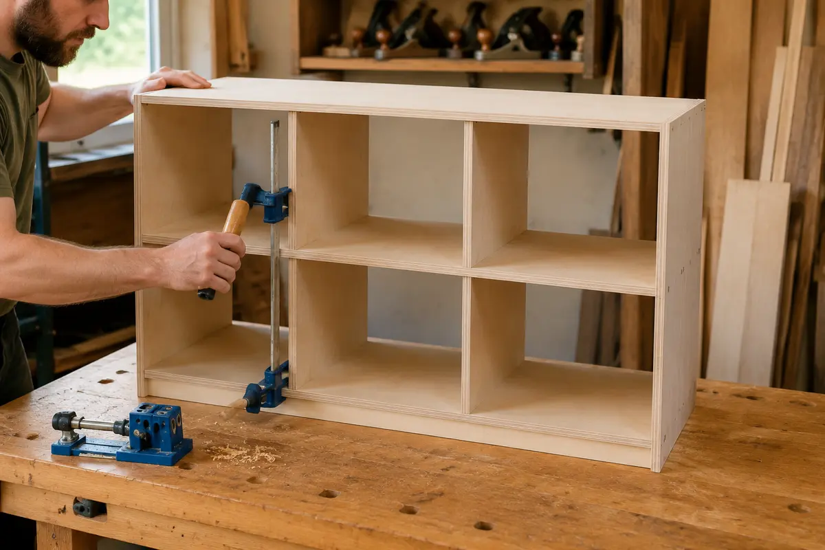 Four vertical plywood dividers creating six equal cubbies in a toy organizer