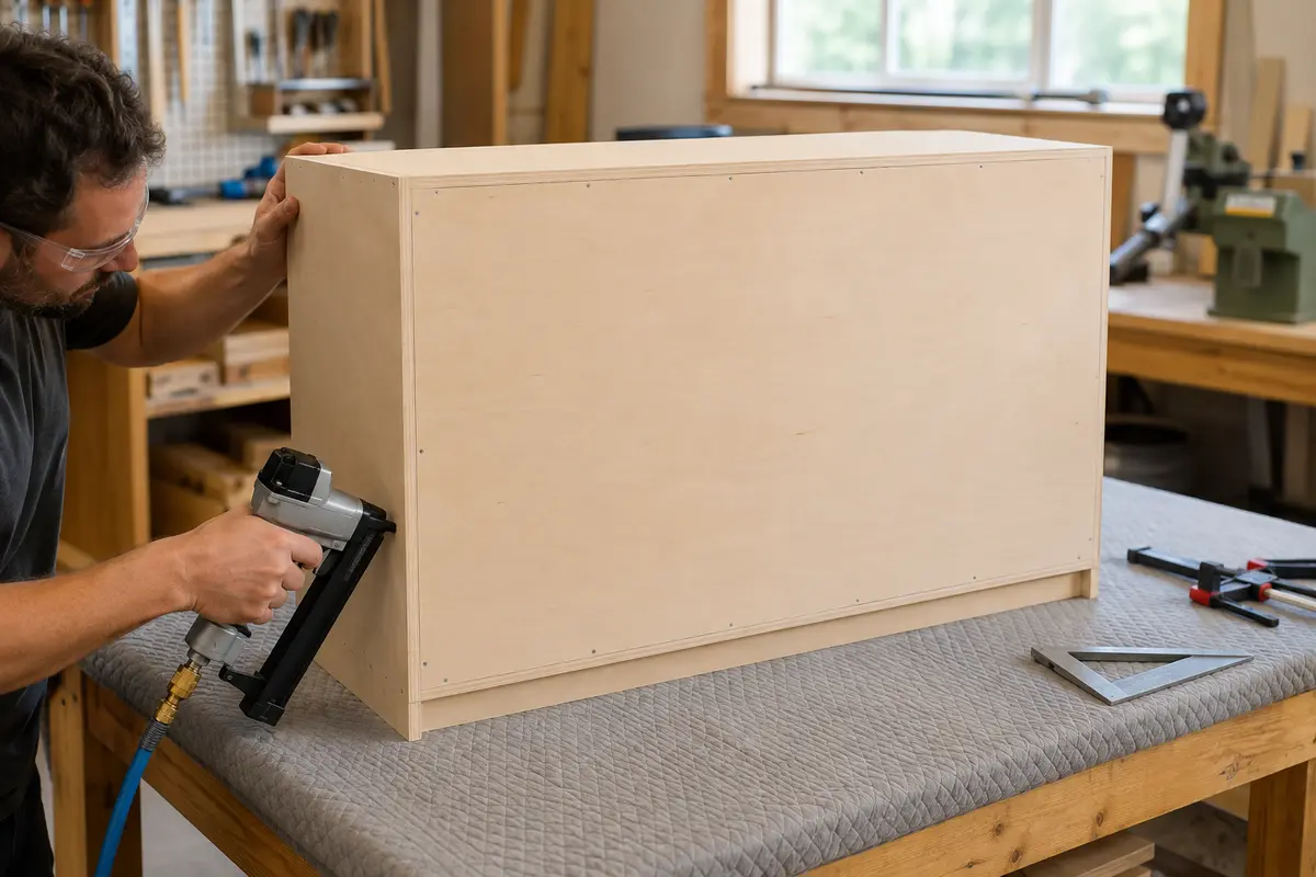 Quarter-inch plywood back and recessed three-inch plinth being attached to a toy organizer