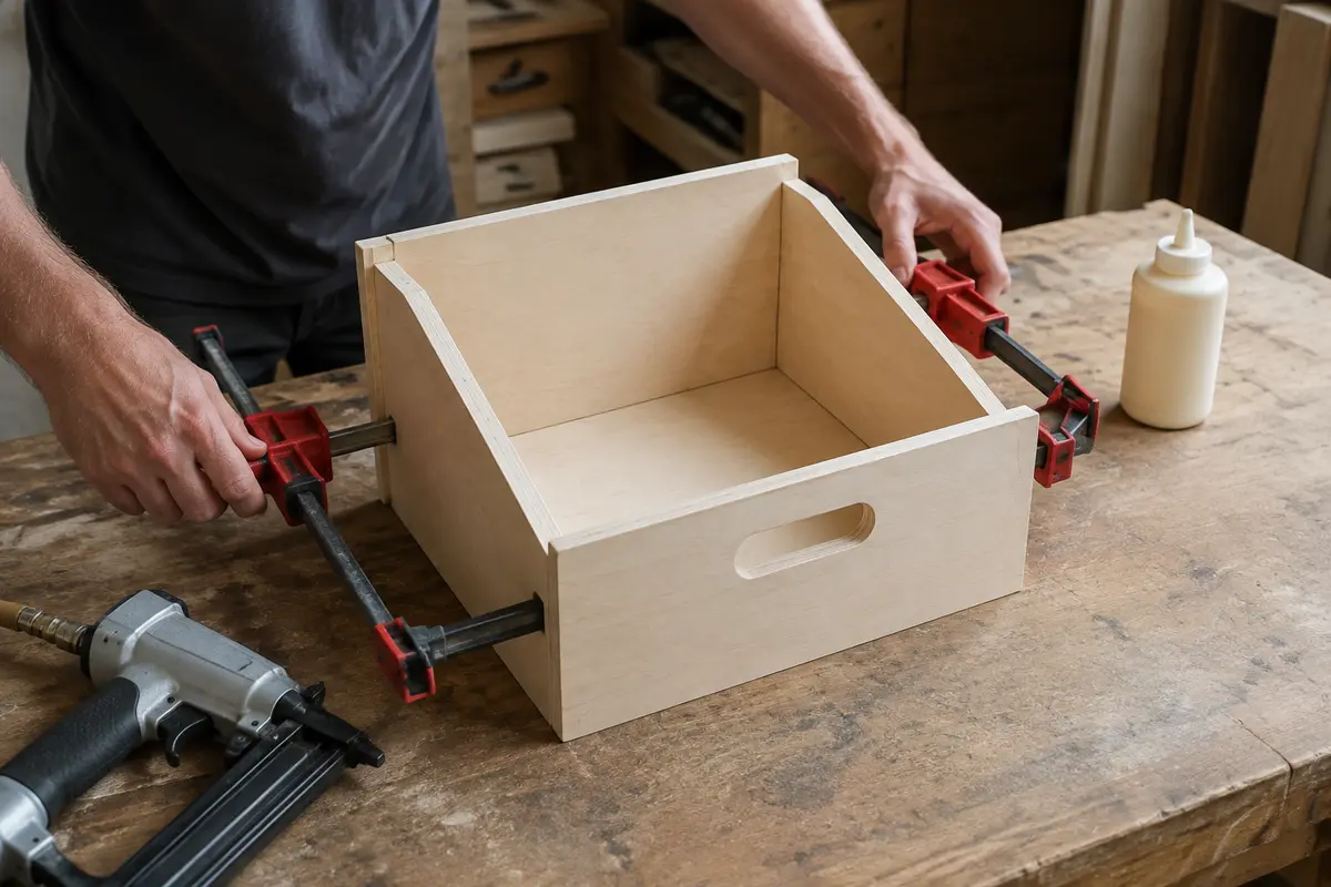 First sloped plywood toy bin being glued and clamped before fitting in the organizer