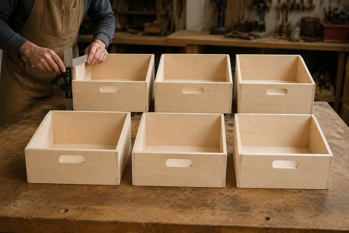 Six matching sloped plywood toy bins assembled on a workshop table