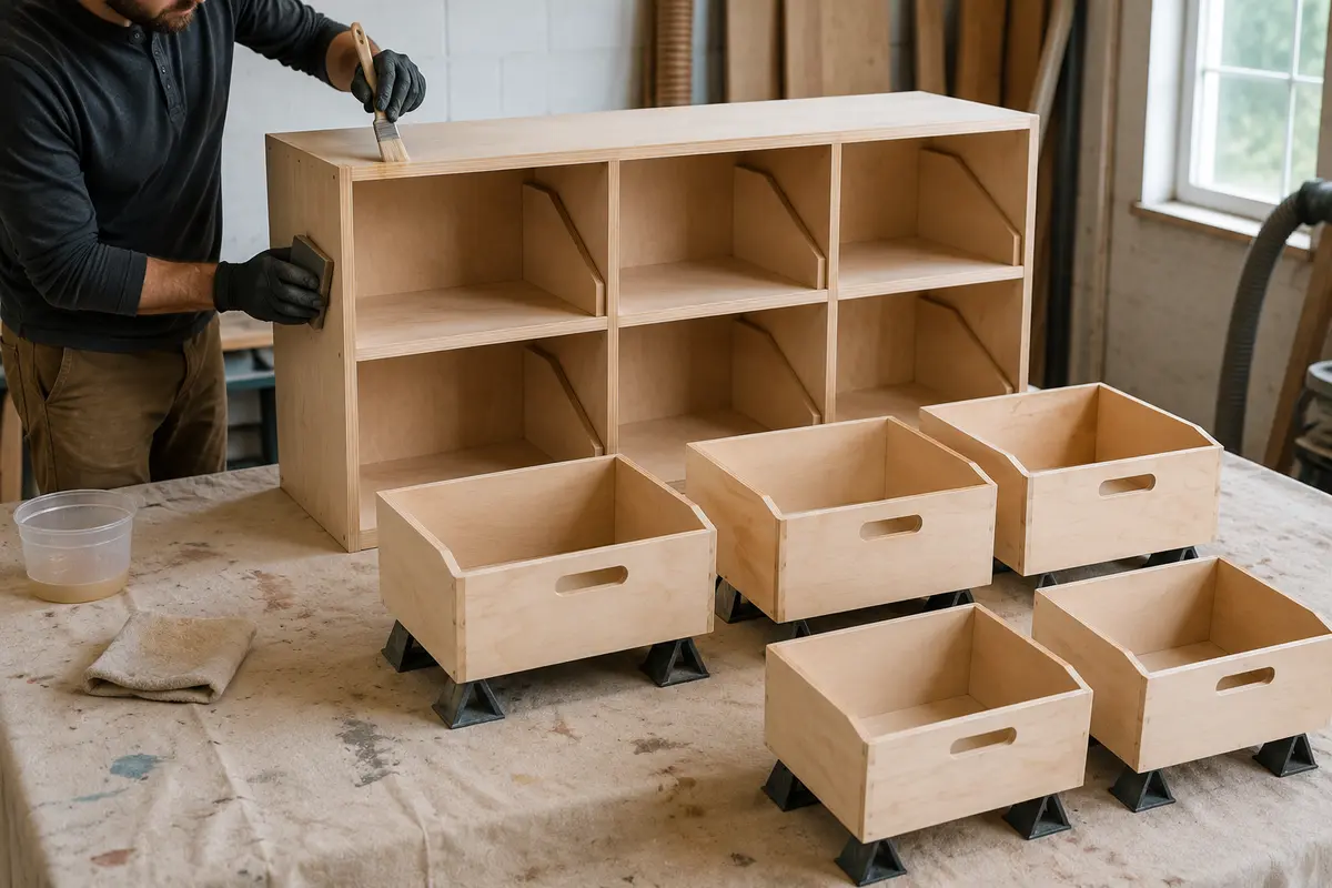 Toy organizer cabinet and bins being sanded and finished with a smooth matte coating