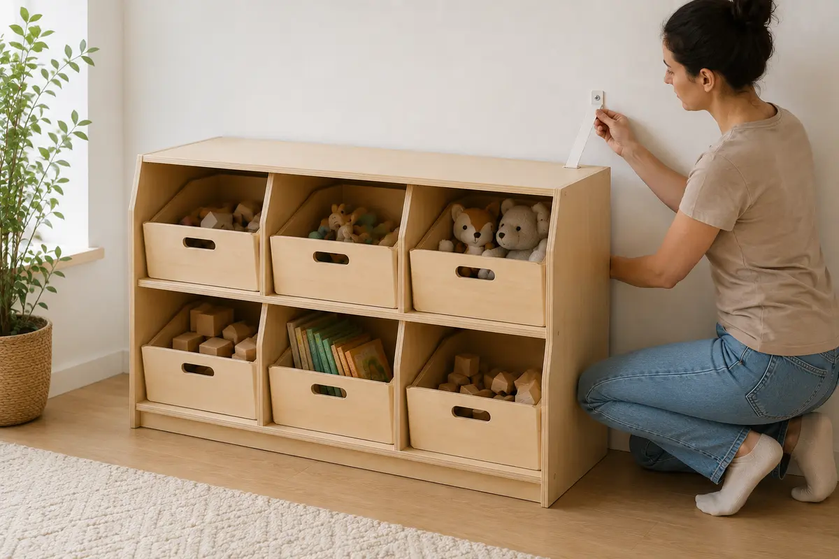 Completed six-bin toy organizer anchored to a wall and loaded with lightweight toys