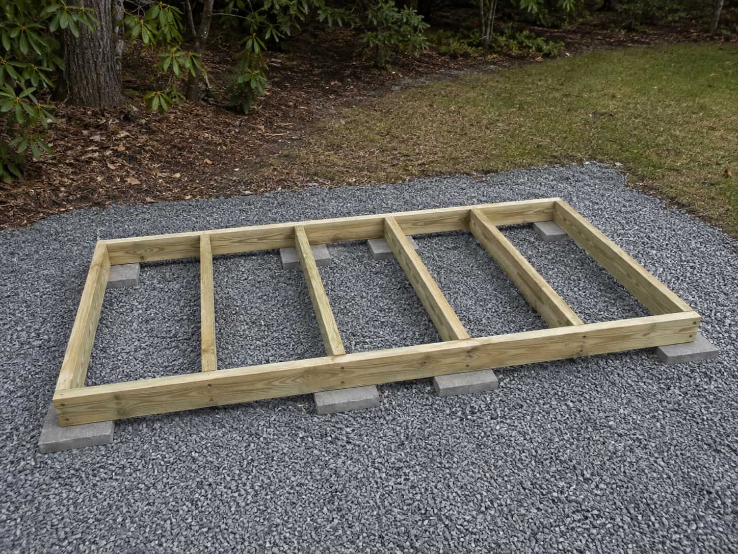 Rectangular firewood rack base frame assembled with five evenly spaced crossmembers