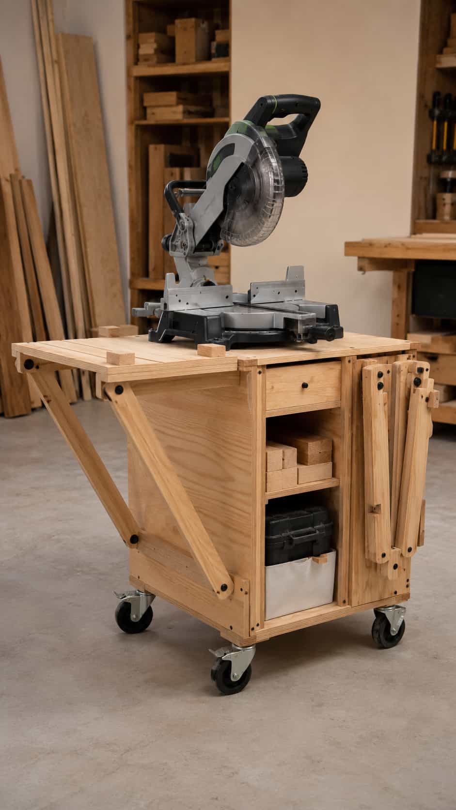 Folding-Arm Mobile Miter Saw Stand
