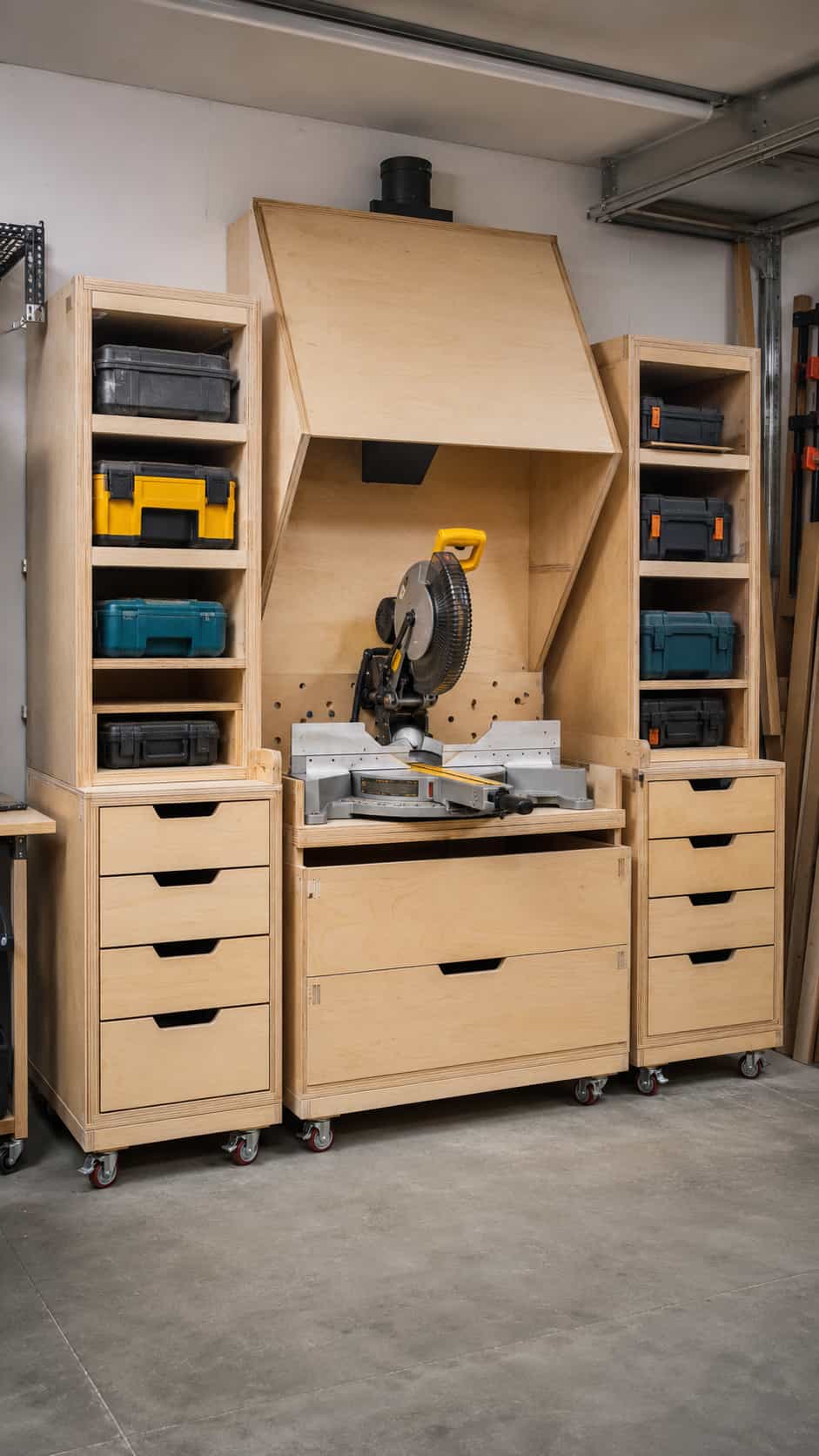 Modular Mobile Miter Saw Station with Storage Cabinets