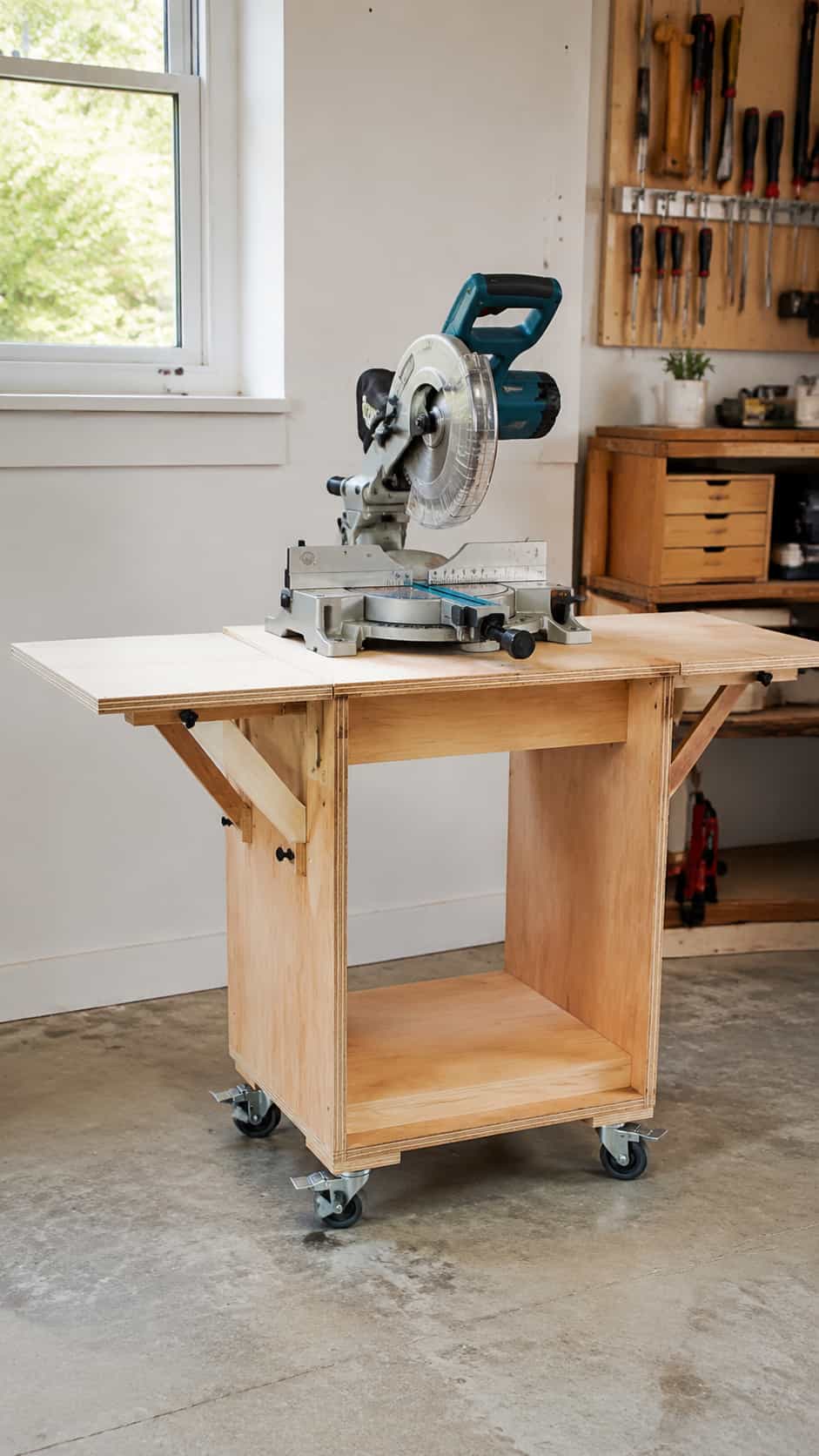 One-Sheet Plywood Miter Saw Cart with Folding Wings