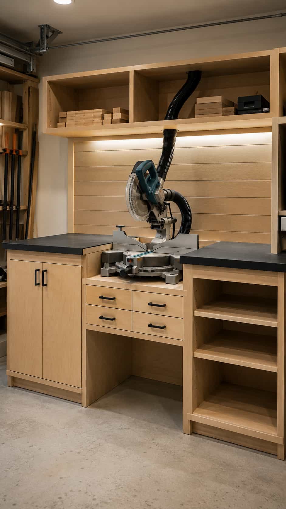 Storage-Heavy Miter Saw Table with Fence and Cabinets