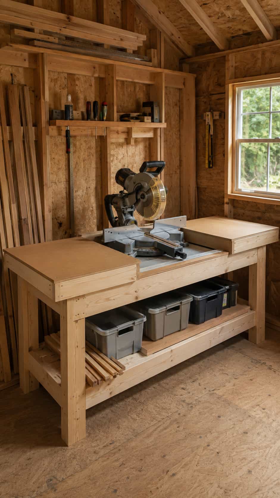 Sturdy Fixed Miter Saw Station for a Shed Shop