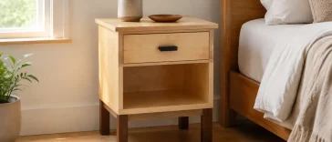Finished DIY nightstand with one drawer, open shelf and dark wood base