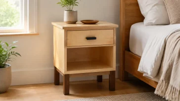 Finished DIY nightstand with one drawer, open shelf and dark wood base